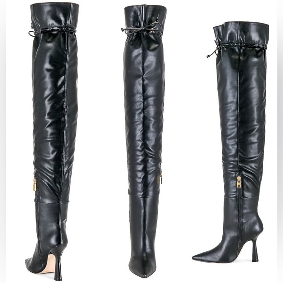 NIB Good American Carla black vegan leather thigh high heeled boots - Picture 1 of 16